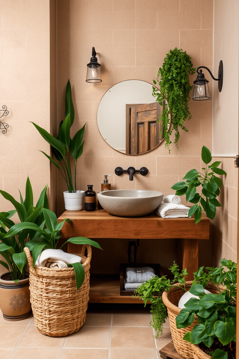 A rustic bathroom design featuring an earthy color palette with various shades of green. The space includes a reclaimed wood vanity topped with a natural stone sink, surrounded by potted plants that enhance the organic feel. The walls are adorned with textured beige tiles, creating a warm and inviting atmosphere. Soft lighting fixtures made from wrought iron add a charming touch, while a woven basket for towels complements the rustic aesthetic.