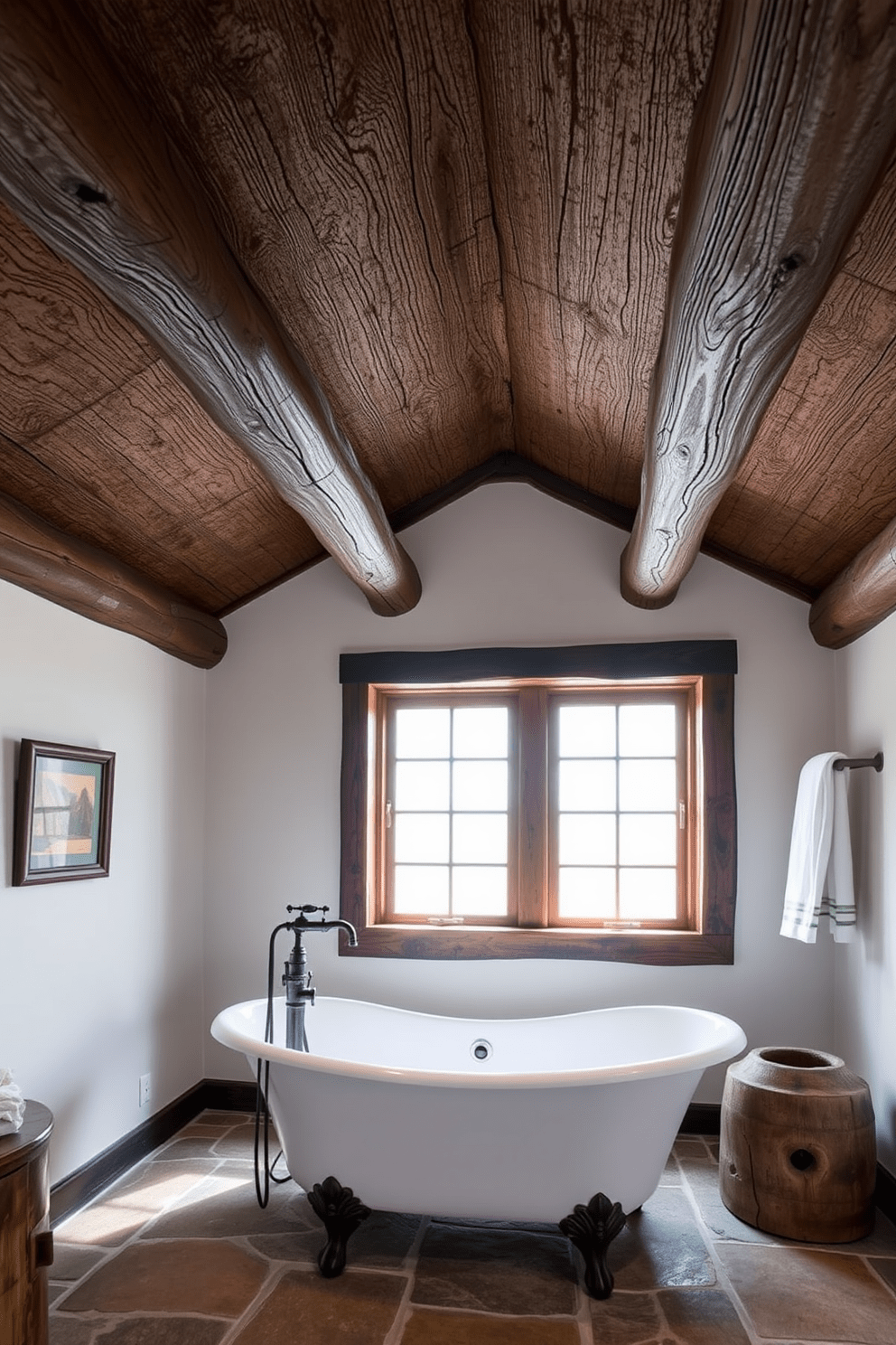 Rustic bathroom design featuring wooden beams on the ceiling to add texture and warmth. The space includes a freestanding bathtub with a vintage-style faucet, surrounded by natural stone tiles and wooden accents.