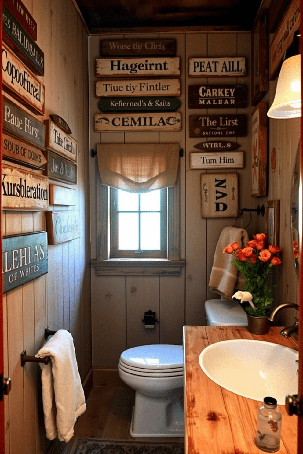 Vintage signs for wall decor in a rustic bathroom. The walls are adorned with a collection of weathered wooden signs featuring charming phrases and images, creating a warm and inviting atmosphere. The bathroom features a reclaimed wood vanity with a distressed finish, complemented by a farmhouse-style sink. Natural light filters through a small window adorned with burlap curtains, highlighting the earthy tones of the decor.