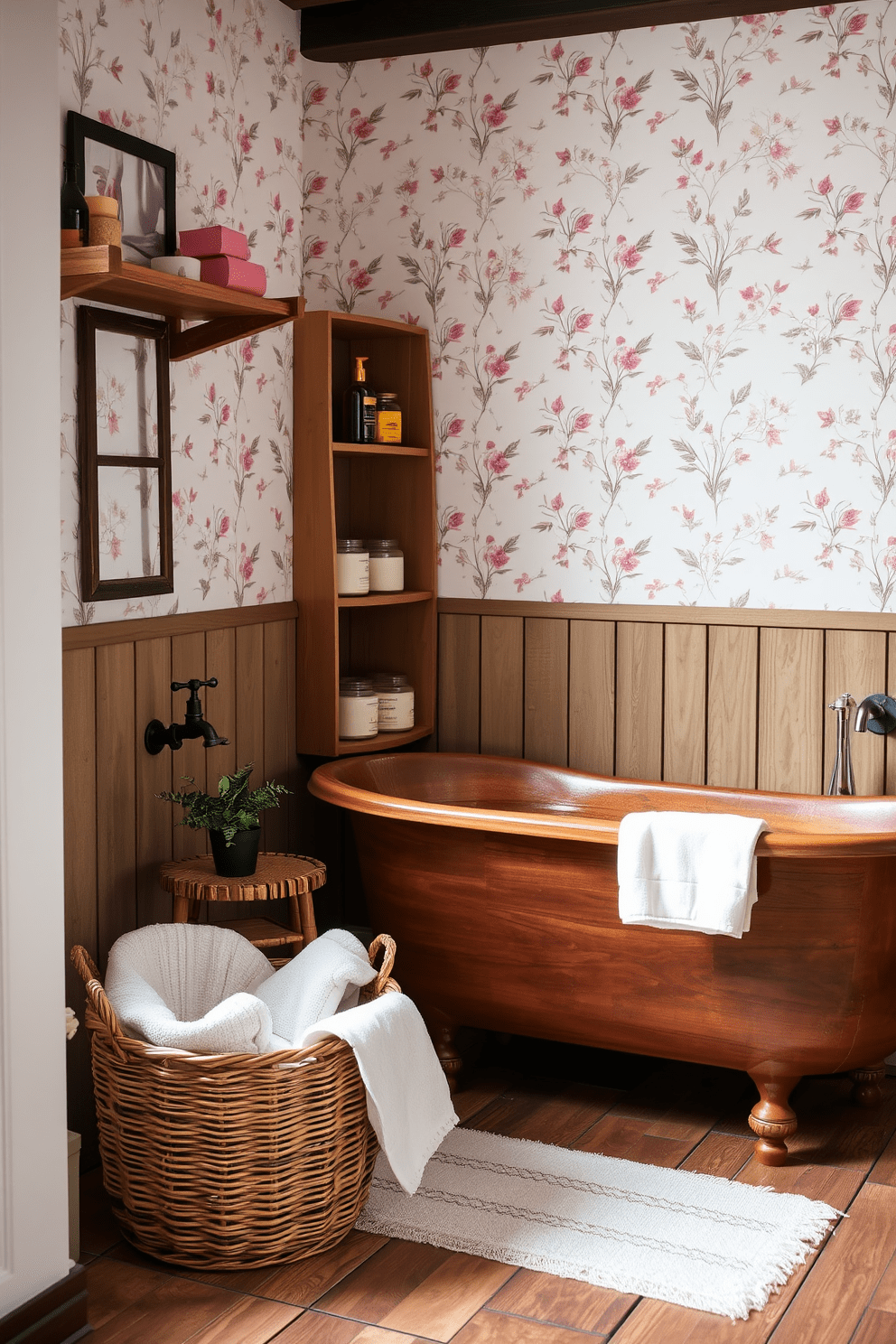 A rustic bathroom with floral wallpaper that adds a soft touch to the space. The room features a wooden freestanding bathtub, complemented by a vintage-style faucet and a small wooden side table holding a potted plant. The walls are adorned with delicate floral patterns in pastel colors, creating a warm and inviting atmosphere. A woven basket sits in the corner, filled with plush towels, while a rustic wooden shelf displays scented candles and natural bath products.