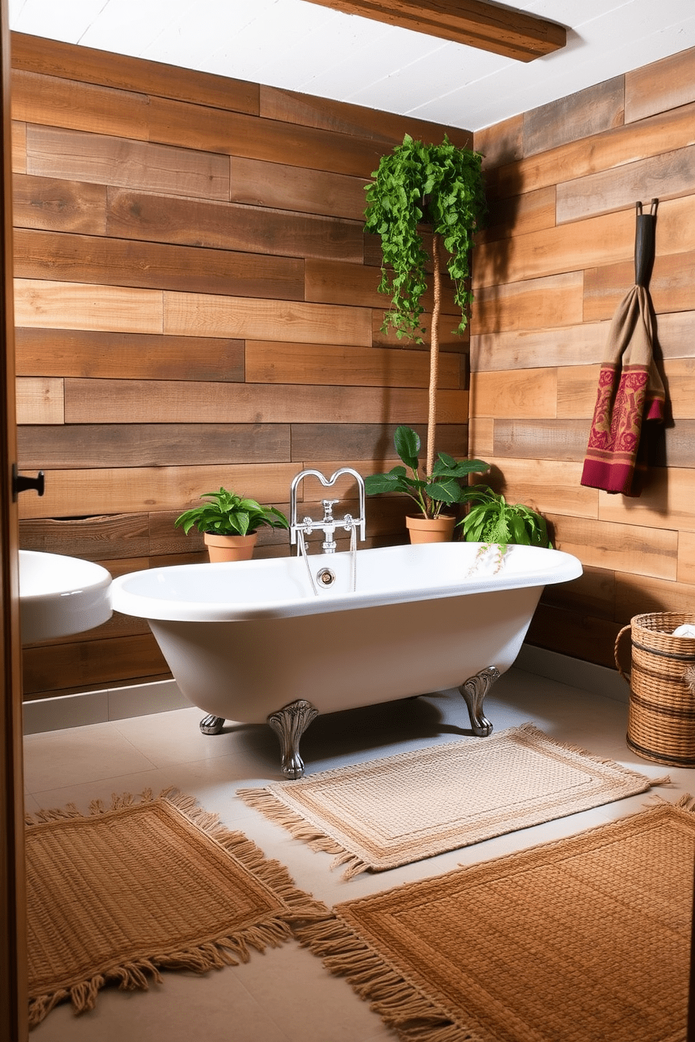 A rustic bathroom featuring natural fiber rugs that add warmth and comfort to the space. The walls are adorned with reclaimed wood, and a vintage clawfoot tub sits prominently in the center, surrounded by potted plants for a touch of nature.