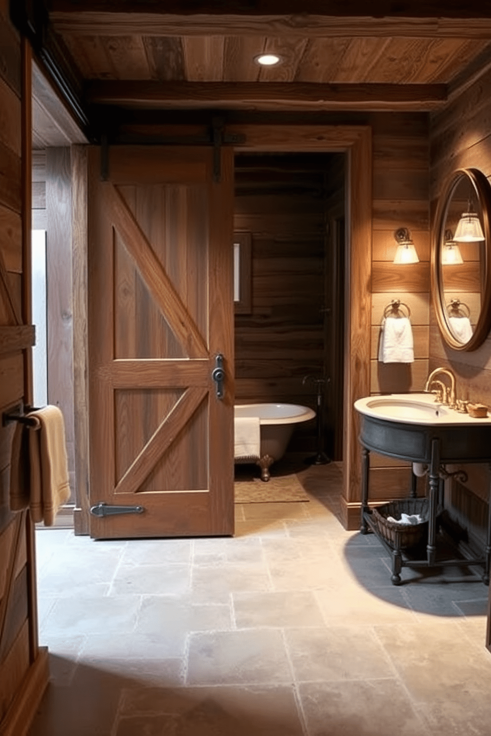 A rustic bathroom with a sliding barn door as the entryway. The space features reclaimed wood accents, a freestanding tub, and a vintage-style sink with brass fixtures. The walls are adorned with shiplap, and the floor is covered in natural stone tiles. Soft, ambient lighting highlights the warm tones of the wood and creates a cozy atmosphere.