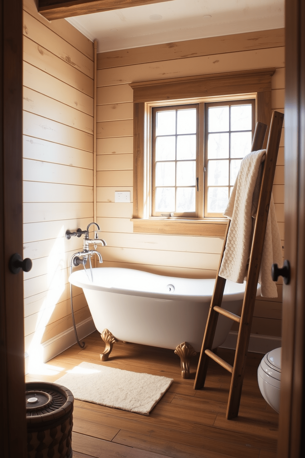 A rustic bathroom design featuring a clawfoot tub with vintage fixtures. The tub is elegantly positioned under a large window, surrounded by reclaimed wood accents and soft, natural lighting. The walls are adorned with shiplap in a warm, neutral tone, creating a cozy atmosphere. A wooden ladder is used for hanging plush towels, adding to the rustic charm of the space.