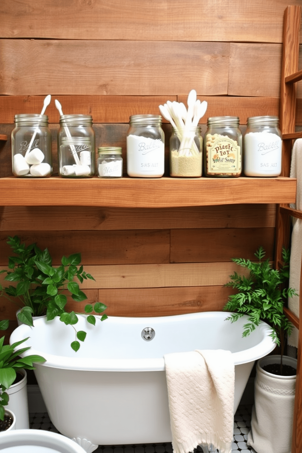 Mason jars are arranged on a rustic wooden shelf, showcasing various bathroom items such as cotton balls, swabs, and bath salts. The shelf is mounted on a reclaimed wood wall, enhancing the natural, earthy vibe of the space. The bathroom features a vintage clawfoot bathtub surrounded by potted plants and soft, neutral textiles. A wooden ladder serves as a towel rack, adding to the charm of the rustic design.