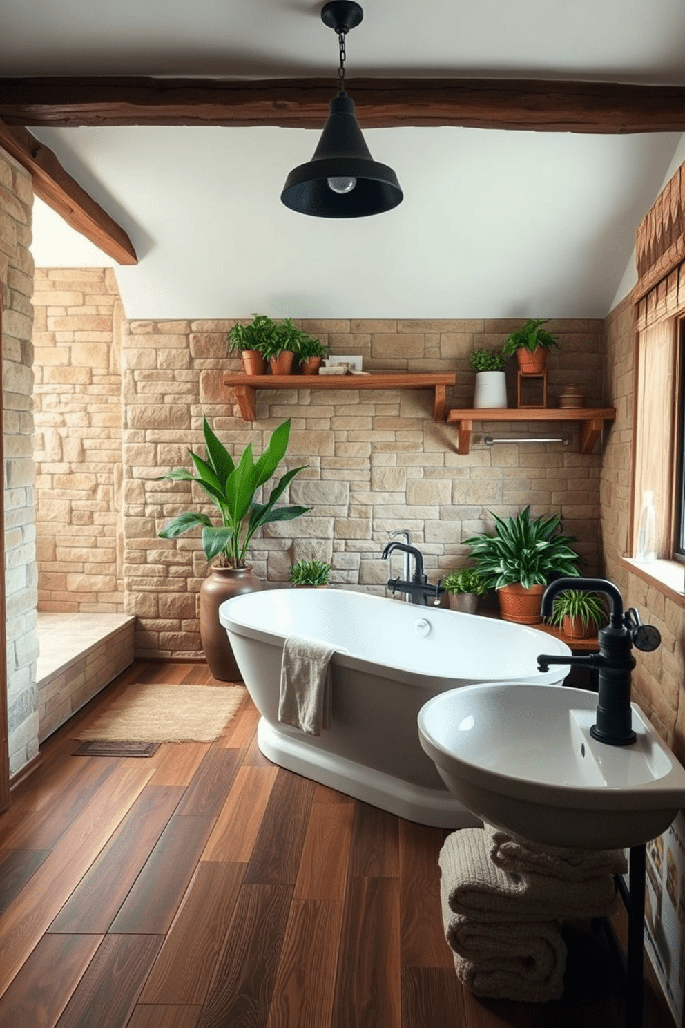 A cozy rustic bathroom features flooring made of reclaimed wood tiles that add warmth and texture to the space. The walls are adorned with natural stone accents, creating a harmonious blend with the rustic tile designs. The bathroom showcases a freestanding soaking tub surrounded by earthy elements like potted plants and wooden shelving. Vintage-inspired fixtures in matte black complete the look, enhancing the rustic charm of the design.