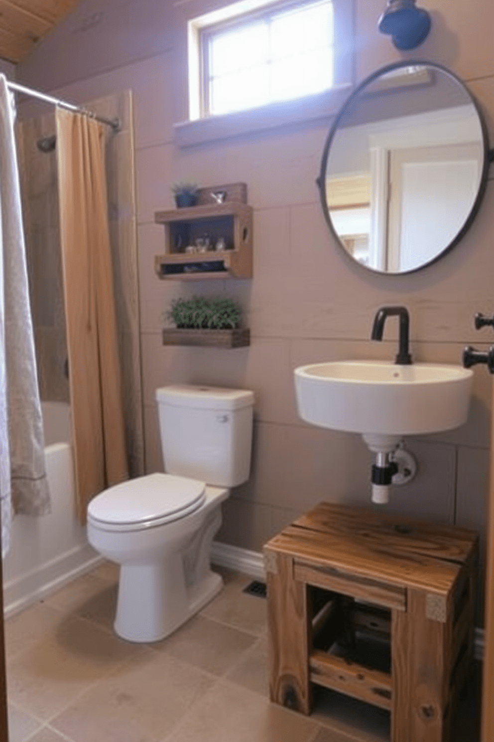 A rustic bathroom features wooden stools that provide additional seating. The stools are crafted from reclaimed wood, adding warmth and character to the space.