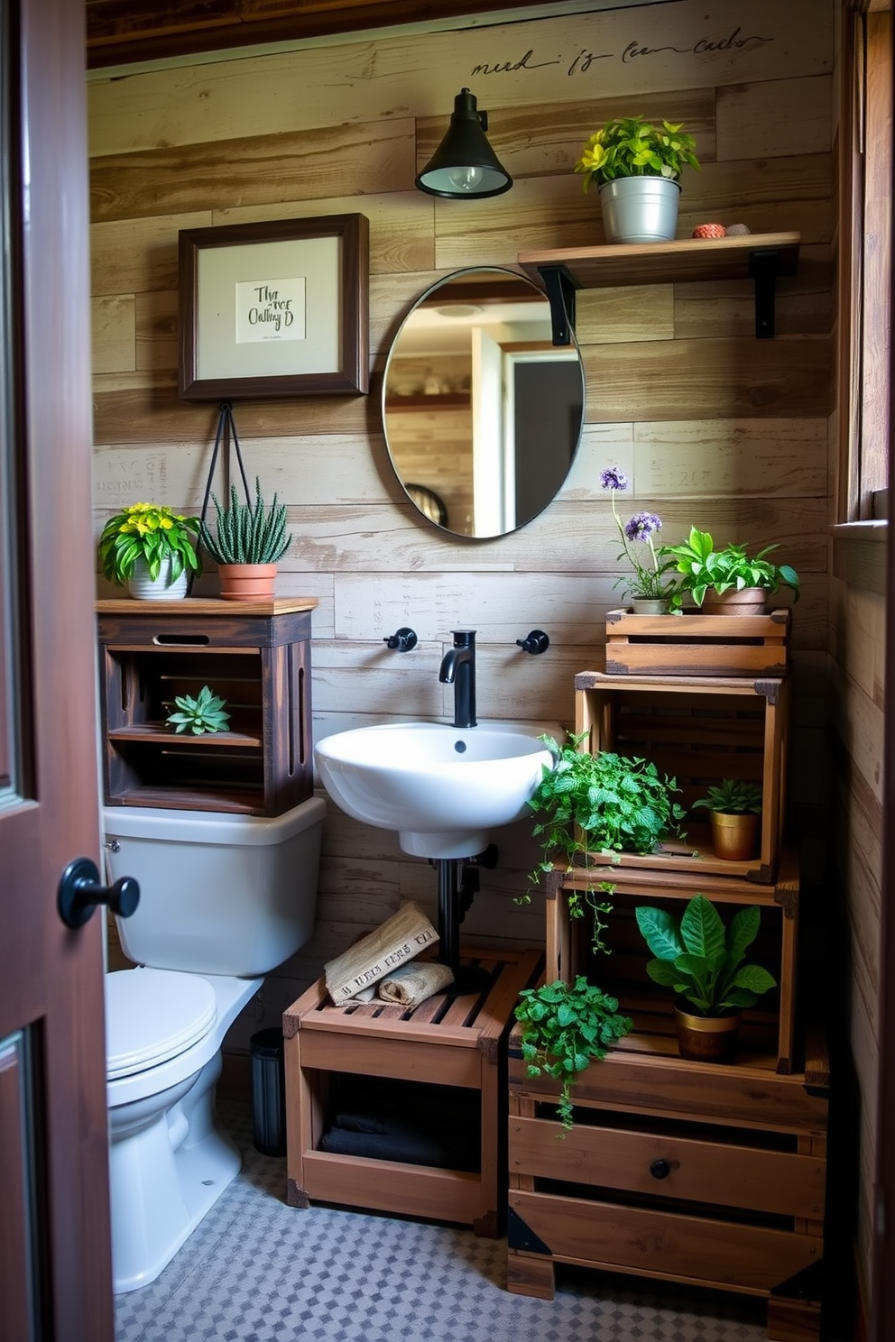 A rustic bathroom featuring decorative wooden crates used for stylish storage solutions. The crates are stacked creatively and adorned with potted plants, adding a touch of greenery to the space.