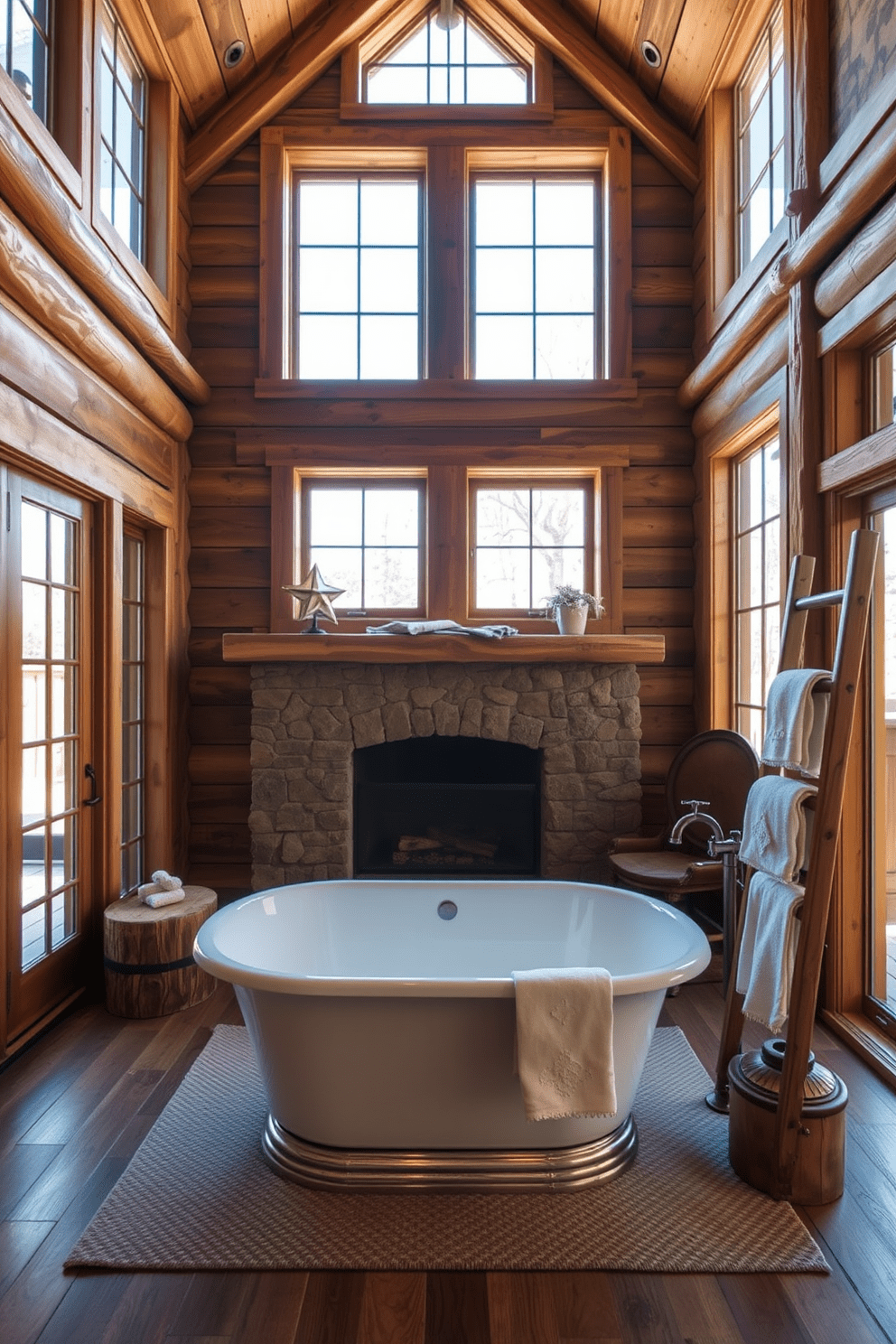 A stunning rustic bathroom features a freestanding bathtub as the centerpiece, surrounded by natural wood accents and stone elements. The walls are clad in reclaimed wood, and large windows allow natural light to flood the space, enhancing the warm tones of the decor. The bathtub is elegantly positioned near a stone fireplace, creating a cozy atmosphere perfect for relaxation. Complementing the design are vintage fixtures and a wooden ladder adorned with soft towels, adding both functionality and charm to the room.