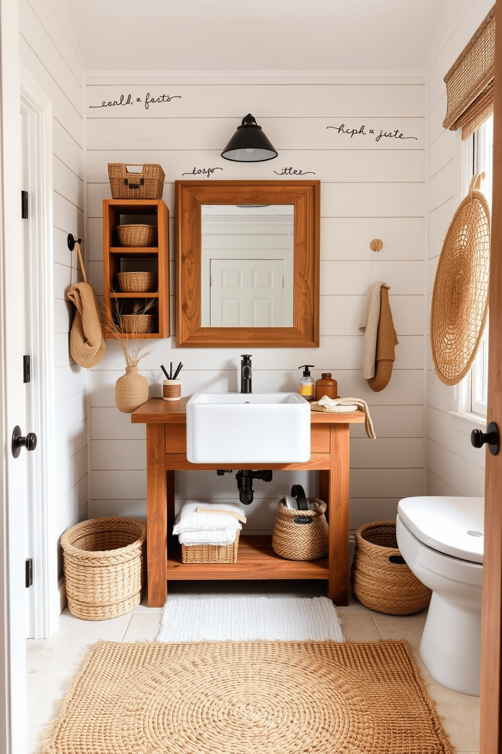 A rustic bathroom design featuring hemp and jute accents. The space includes a reclaimed wood vanity with a farmhouse sink and natural fiber baskets for storage. The walls are adorned with shiplap in a soft white finish, creating a cozy atmosphere. Earthy tones are used in the decor, complemented by a woven jute rug on the floor.