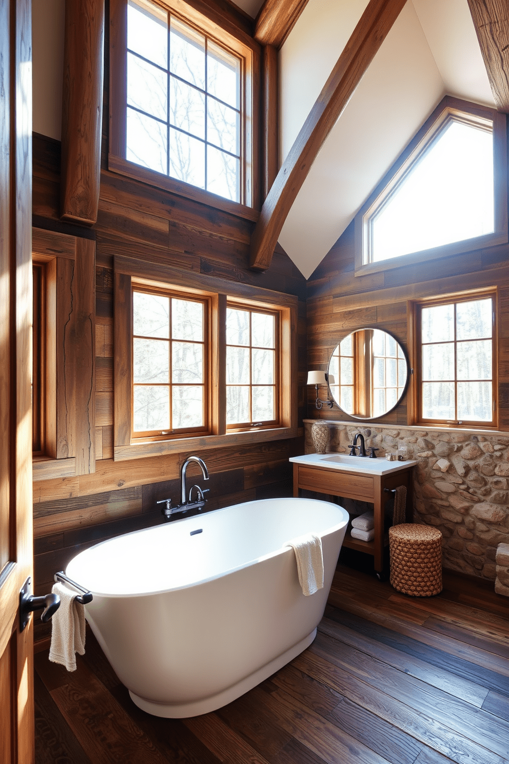 A rustic bathroom filled with natural light streaming through large windows. The space features reclaimed wood accents, a freestanding soaking tub, and a stone accent wall that adds warmth and texture.