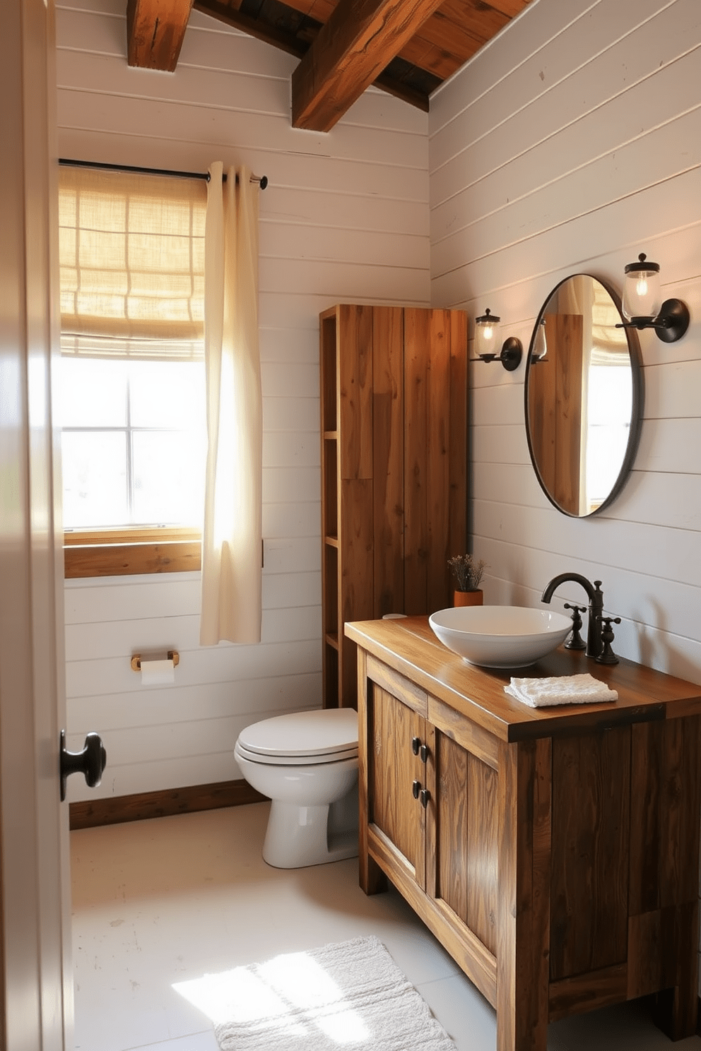 A rustic bathroom featuring a reclaimed wood vanity adds a touch of uniqueness and charm. The vanity is complemented by a vessel sink and vintage-style fixtures, creating a warm and inviting atmosphere. The walls are adorned with shiplap, painted in a soft white to enhance the rustic feel. Natural light streams in through a window with sheer linen curtains, illuminating the space and highlighting the earthy tones.