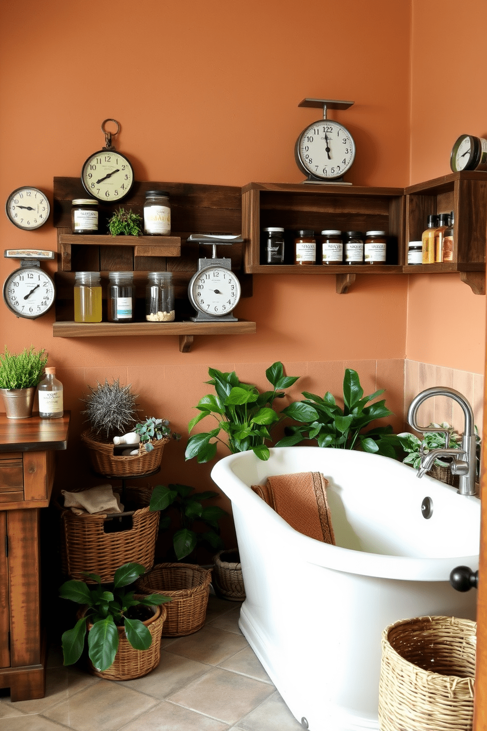 A rustic bathroom featuring vintage scales as decorative accents. The room is adorned with reclaimed wood shelves displaying the scales alongside jars of natural bath products. The walls are painted in a warm earthy tone, complemented by a distressed wooden vanity. A freestanding tub sits in the corner, surrounded by potted plants and woven baskets for storage.