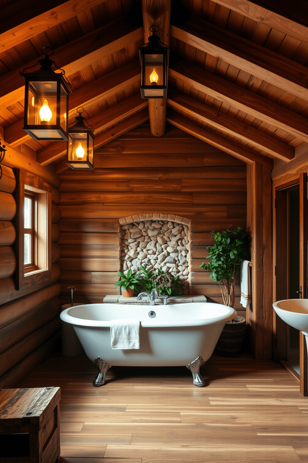 A cozy rustic bathroom featuring wooden beams across the ceiling and a freestanding clawfoot bathtub. The space is illuminated by charming rustic lanterns that cast a warm glow, enhancing the natural wood accents throughout. The walls are clad in reclaimed barn wood, creating a warm and inviting atmosphere. A stone accent wall behind the bathtub adds texture, while potted greenery brings a touch of nature indoors.