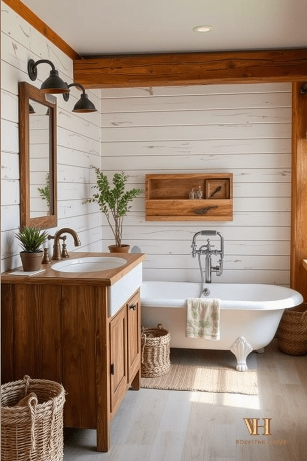 A rustic bathroom with shiplap walls that exude a cozy and inviting atmosphere. The space features a freestanding clawfoot bathtub surrounded by wooden accents and soft lighting. A wooden vanity with a farmhouse sink sits against the shiplap walls, complemented by vintage-style fixtures. Natural elements like potted plants and woven baskets enhance the rustic charm of the design.