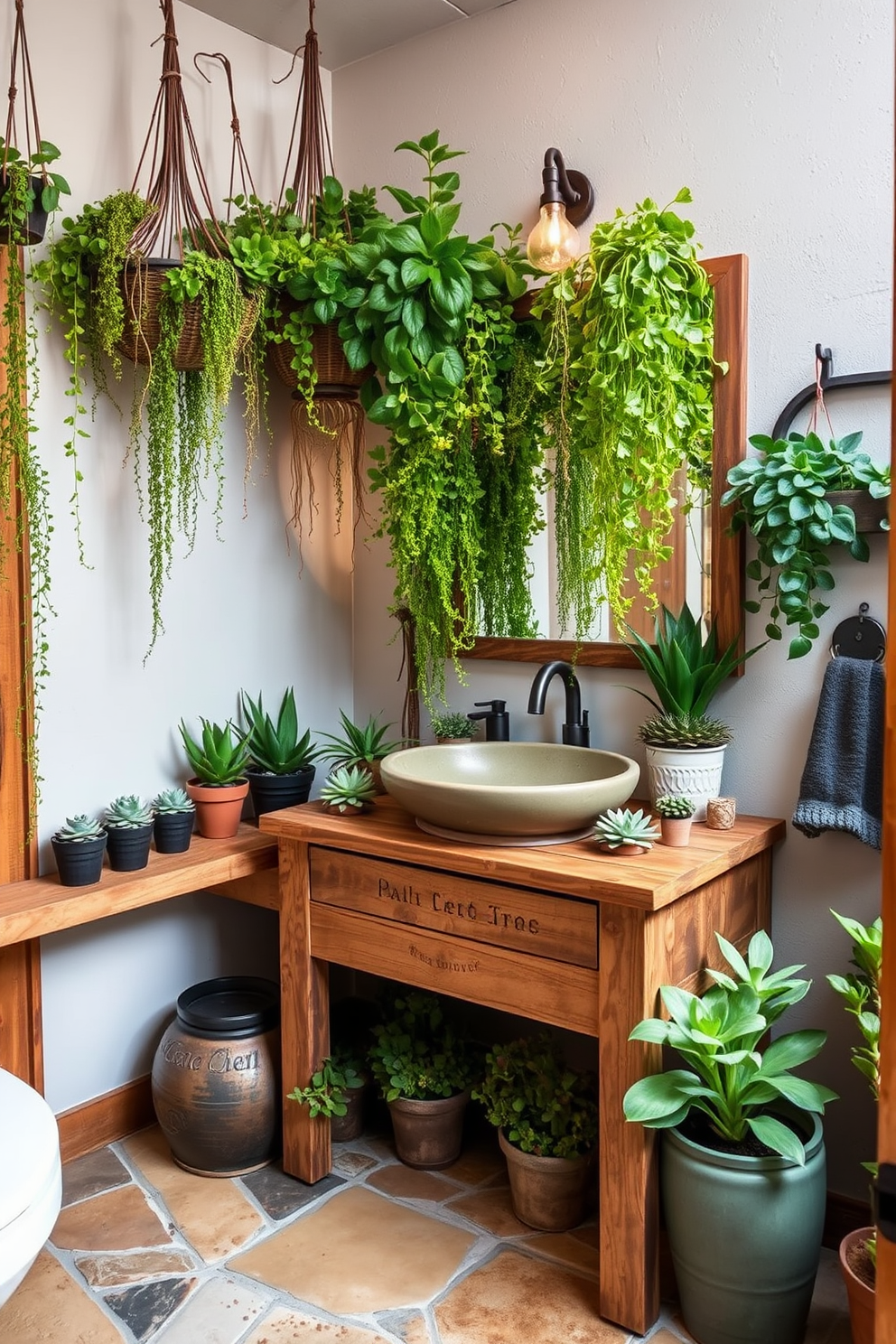 A rustic bathroom design featuring an array of succulents and greenery in various sizes. The space includes a reclaimed wood vanity with a deep farmhouse sink surrounded by potted plants and hanging greenery. Natural stone tiles cover the floor, complementing the earthy tones of the wooden elements. Soft, warm lighting creates an inviting atmosphere, enhancing the fresh vibes brought by the plants.