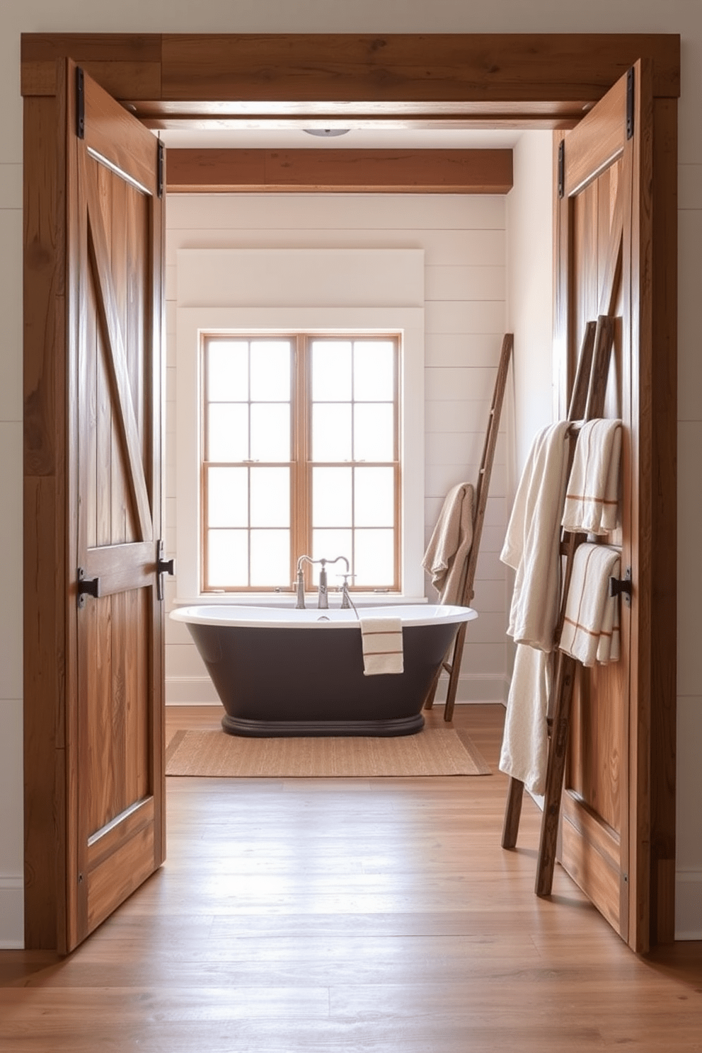 Rustic barn doors frame the entryway, adding a warm and inviting touch to the space. The doors are made of reclaimed wood, showcasing their natural grain and character. In the rustic bathroom, a freestanding soaking tub sits beneath a large window, allowing natural light to flood the room. The walls are clad in shiplap, and a vintage ladder leans against the wall, holding plush towels.