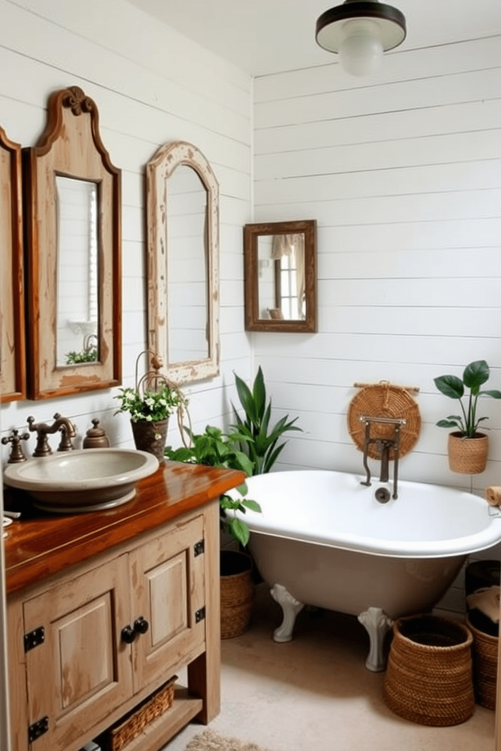 Antique mirrors with distressed frames adorn the walls of a rustic bathroom. The space features a reclaimed wood vanity topped with a weathered stone sink and vintage brass fixtures. The walls are clad in shiplap painted in soft white, enhancing the cozy atmosphere. A freestanding clawfoot tub sits in the corner, surrounded by potted plants and woven baskets for storage.