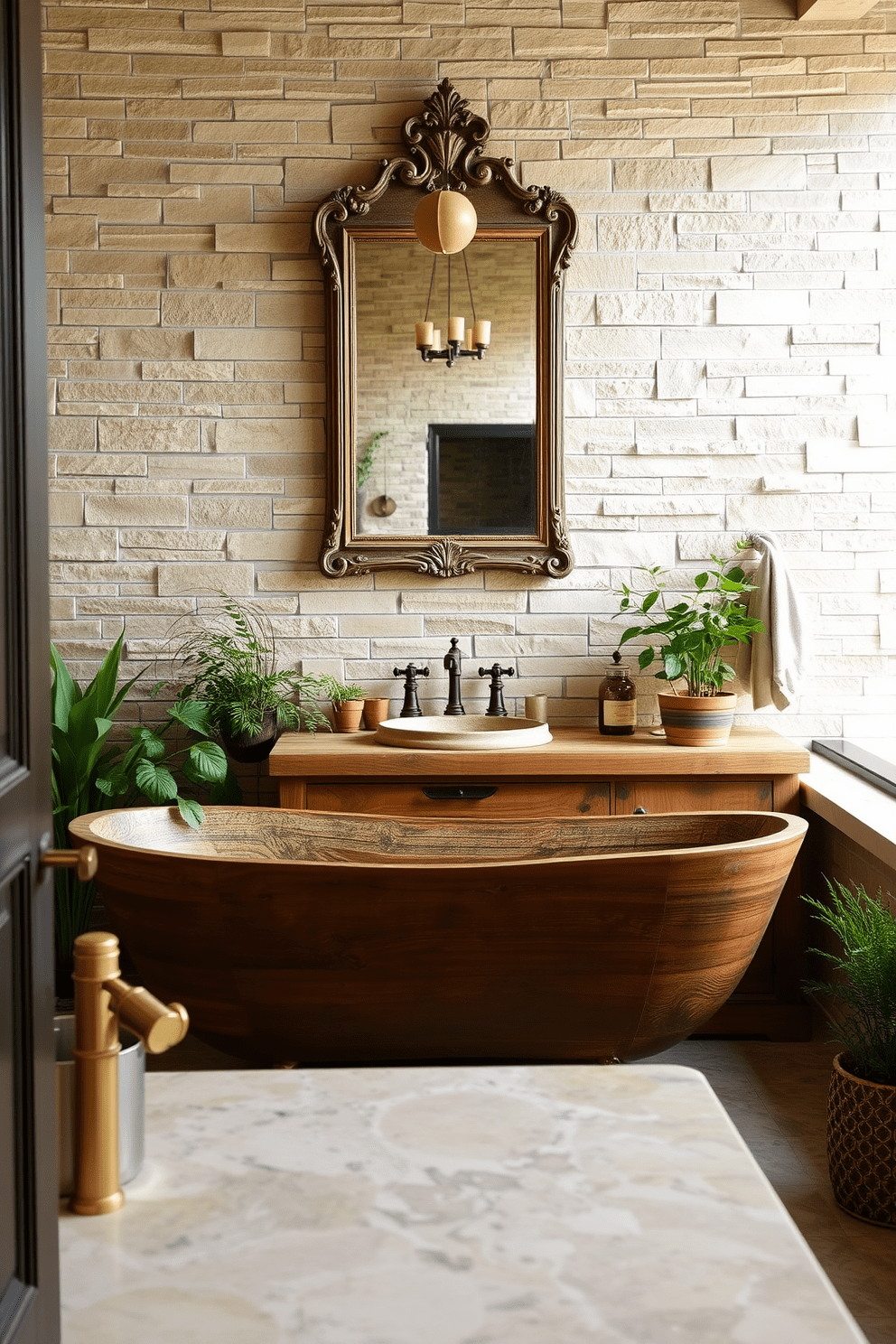 A rustic bathroom design featuring natural stone countertops that exude elegance. The space includes a freestanding soaking tub made of reclaimed wood, surrounded by potted plants for a touch of nature. The walls are clad in textured stone tiles, creating a warm, inviting atmosphere. A vintage-style mirror hangs above a wooden vanity, accented by brass fixtures for a timeless appeal.