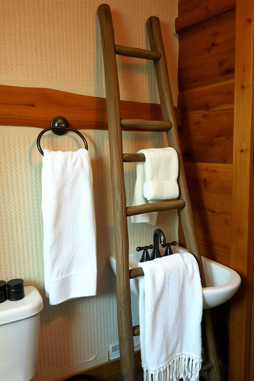 A rustic bathroom featuring a vintage ladder repurposed as a towel rack. The ladder leans against a textured wall with warm wooden accents, creating a cozy and inviting atmosphere.