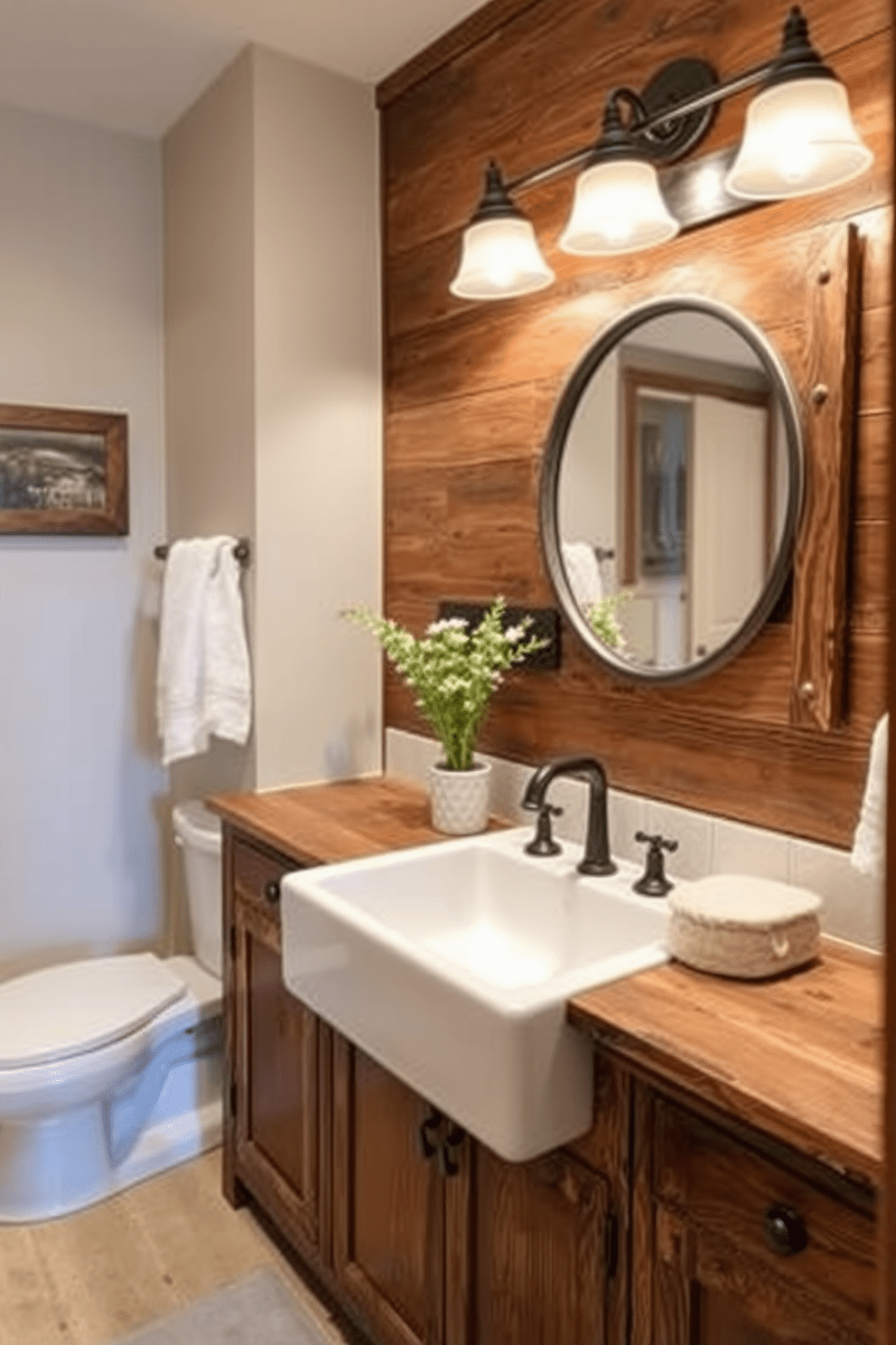 A rustic bathroom design featuring a farmhouse sink with an apron front. The sink is complemented by reclaimed wood cabinetry and vintage-style fixtures, creating a warm and inviting atmosphere.