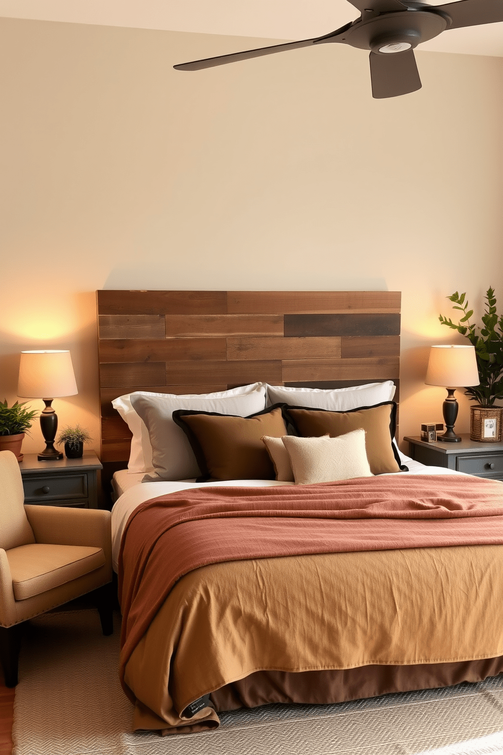 A reclaimed wood headboard adds rustic charm to the bedroom creating a warm and inviting atmosphere. The bed is dressed in soft linens with earth tones, complemented by vintage-inspired bedside tables and warm lighting. The walls are adorned with neutral tones, while accents of greenery from potted plants bring life to the space. A cozy armchair in the corner invites relaxation, completing the rustic bedroom design.