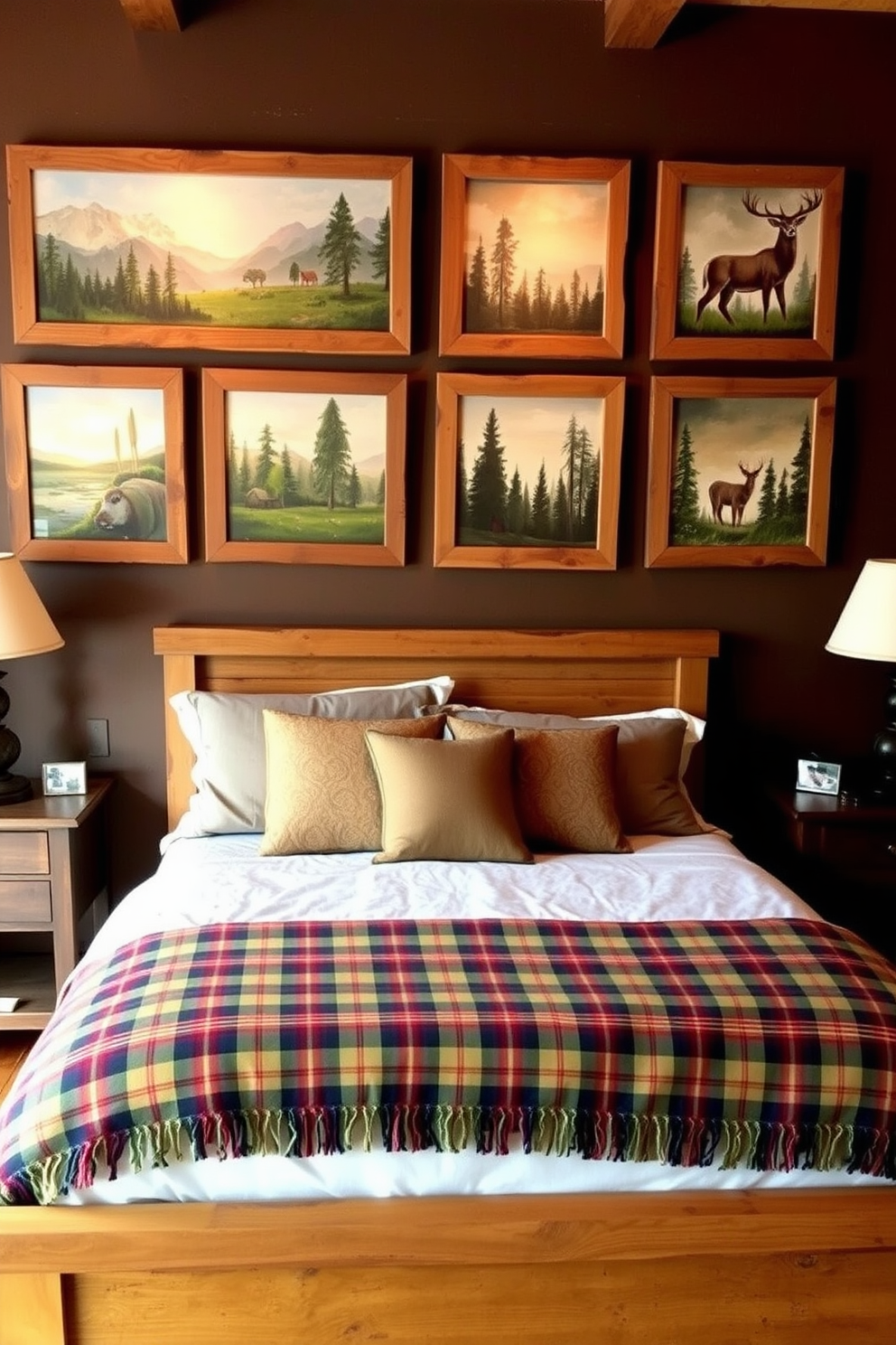 Rustic wall art featuring nature themes. The artwork includes landscapes, forest scenes, and wildlife, all framed in reclaimed wood to enhance the rustic aesthetic. Rustic bedroom design ideas. The space features a wooden bed frame with a cozy plaid blanket, complemented by vintage nightstands and warm lighting for a welcoming atmosphere.