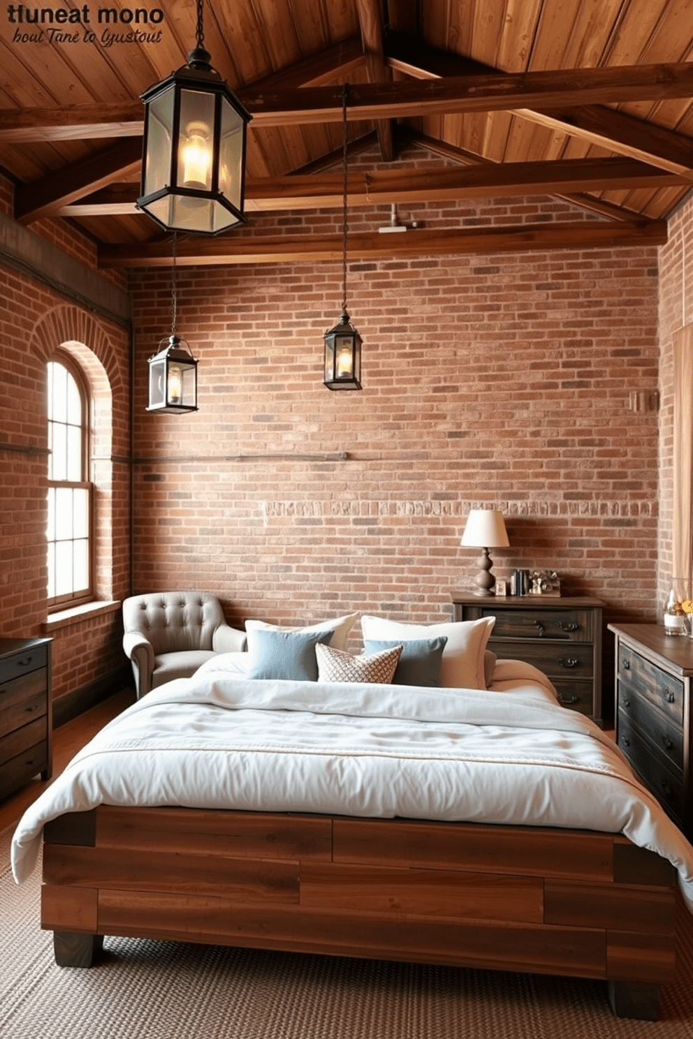 A cozy rustic bedroom featuring exposed brick walls and a high ceiling with wooden beams. A large reclaimed wood bed is adorned with soft, neutral bedding, and vintage lanterns hang from the ceiling for ambient lighting. In one corner, a distressed leather armchair adds a touch of comfort, while a rustic wooden dresser complements the overall aesthetic. A woven rug with earthy tones lies beneath the bed, enhancing the warmth of the space.