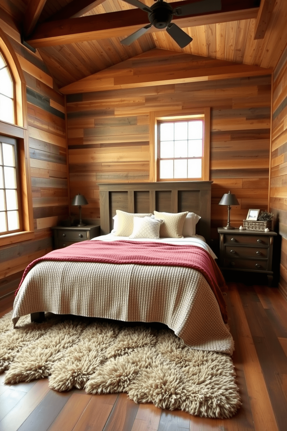 A rustic bedroom featuring pallet wood accent walls that add warmth and character to the space. The room includes a cozy bed with a textured blanket and pillows, complemented by vintage nightstands on either side. Natural light filters in through large windows, illuminating the wooden beams on the ceiling. A plush area rug lies beneath the bed, enhancing the inviting atmosphere of the room.