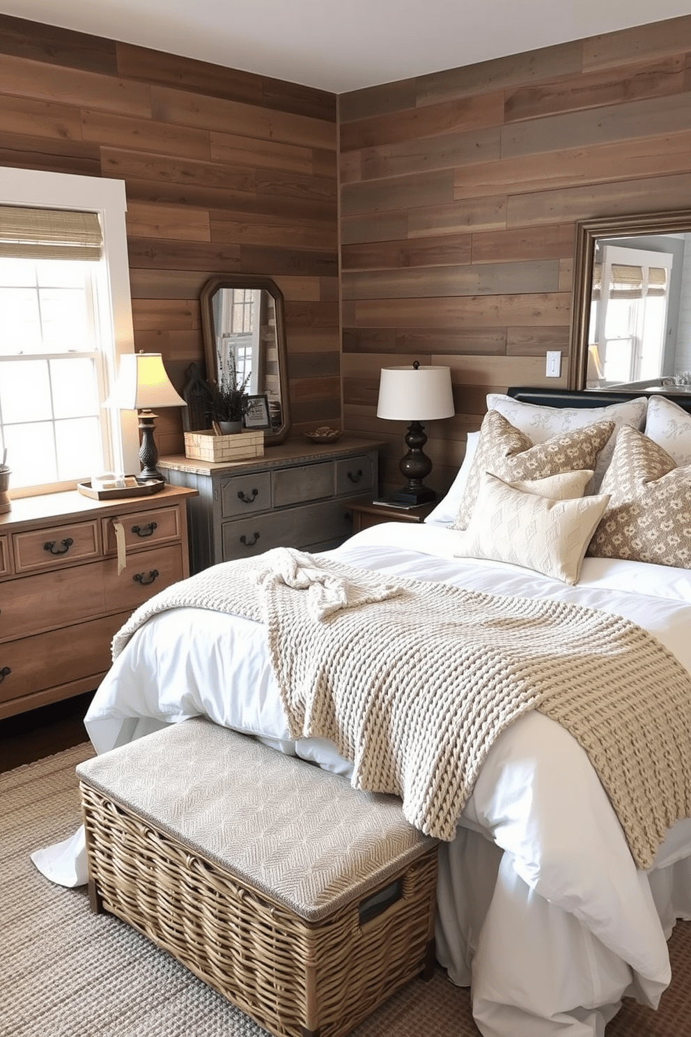 A cozy farmhouse bedroom featuring a plush bed dressed in soft white linens and a chunky knit throw blanket. The walls are adorned with reclaimed wood paneling, and a vintage dresser sits against one side, topped with a rustic mirror. The bedding includes patterned quilts and an assortment of decorative pillows in muted earth tones. A woven basket is placed at the foot of the bed, and a wooden nightstand holds a small lamp with a warm glow.