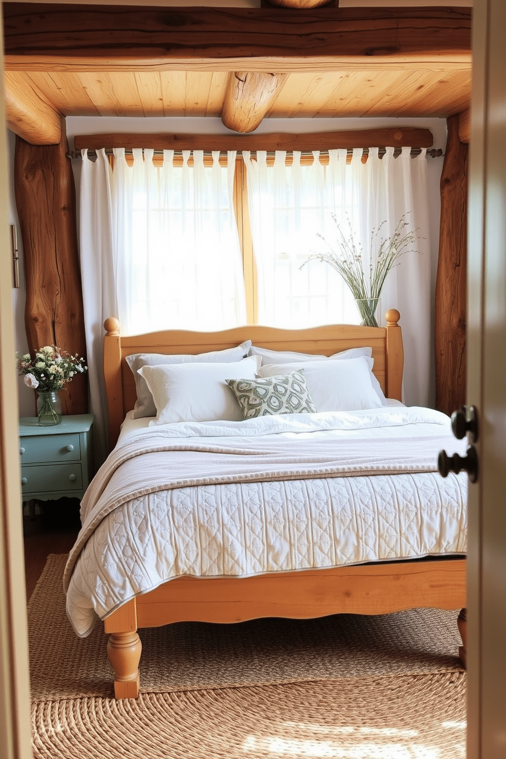 Wildflower arrangements in a rustic bedroom create a charming and inviting atmosphere. The room features a wooden bed frame with a cozy quilt and soft pillows, complemented by a vintage nightstand adorned with a small vase of wildflowers. Natural light floods the space through sheer curtains, illuminating the warm wood accents and earthy tones. A woven rug lies beneath the bed, adding texture and warmth to the rustic design.