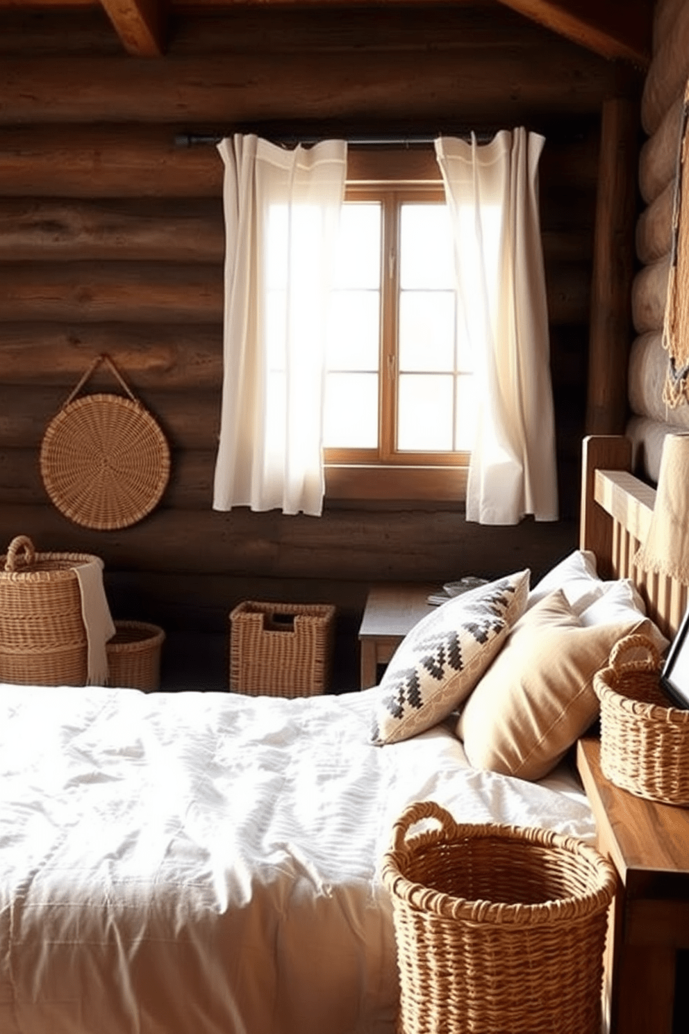 A cozy rustic bedroom featuring woven baskets for stylish storage solutions. The room includes a wooden bed frame with a plush, neutral-colored duvet and decorative pillows, complemented by a reclaimed wood nightstand. Natural light streams through a large window adorned with sheer curtains, illuminating the space. The woven baskets are strategically placed beside the bed and in the corner, adding texture and functionality to the design.