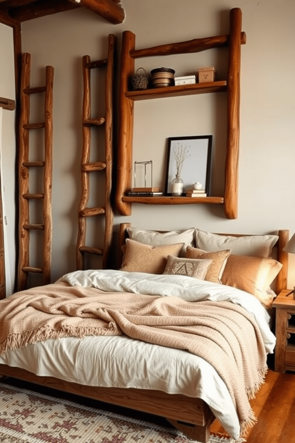 A rustic bedroom featuring wooden ladders used as decorative shelving. The room is adorned with warm earthy tones, complemented by a cozy bed dressed in soft linens and layered blankets.