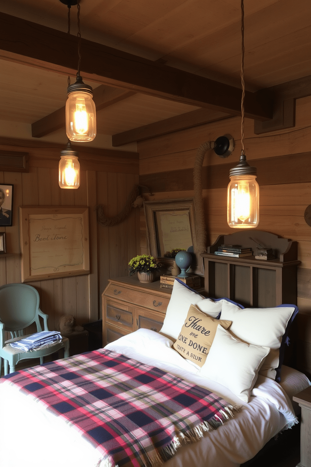 A rustic bedroom featuring mason jar lighting fixtures that add a charming touch to the space. The room is adorned with reclaimed wood accents, a cozy bed with a plaid duvet, and vintage furniture pieces that enhance the rustic aesthetic.