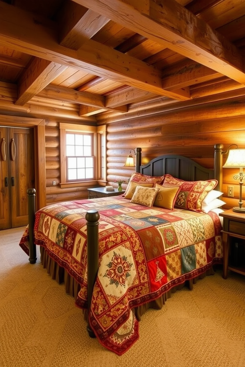 Charming quilts for a homey touch. The bed is adorned with a patchwork quilt featuring warm colors and intricate designs, creating a cozy focal point in the room. Rustic bedroom design ideas. Exposed wooden beams line the ceiling, and the walls are clad in reclaimed wood, enhancing the natural, inviting atmosphere of the space.