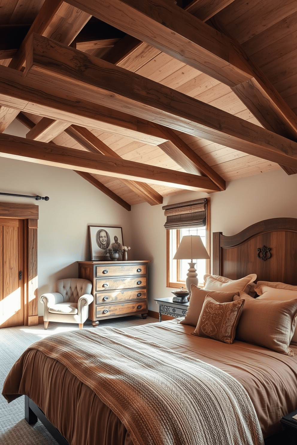 A rustic bedroom design featuring exposed wooden beams that create a warm and inviting atmosphere. The room is adorned with a large, plush bed dressed in earthy tones, complemented by soft, textured blankets and pillows. A vintage wooden dresser sits against one wall, showcasing natural wood grain and antique hardware. A cozy reading nook with a comfortable armchair and a small side table is positioned near a window, allowing natural light to filter in.