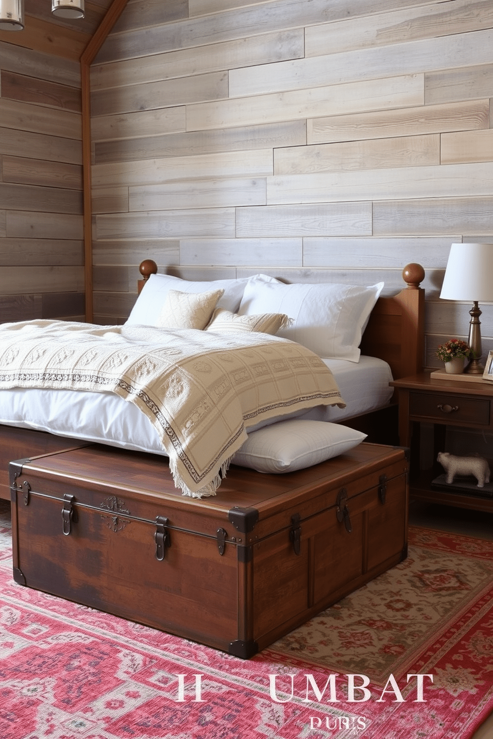 A rustic bedroom featuring vintage trunks used as functional decor pieces. The trunks are placed at the foot of a wooden bed with a cozy quilt, adding character and storage to the space. The walls are adorned with weathered wood paneling, creating a warm and inviting atmosphere. Soft, neutral bedding complements the earthy tones of the room, while a vintage rug adds texture and warmth underfoot.