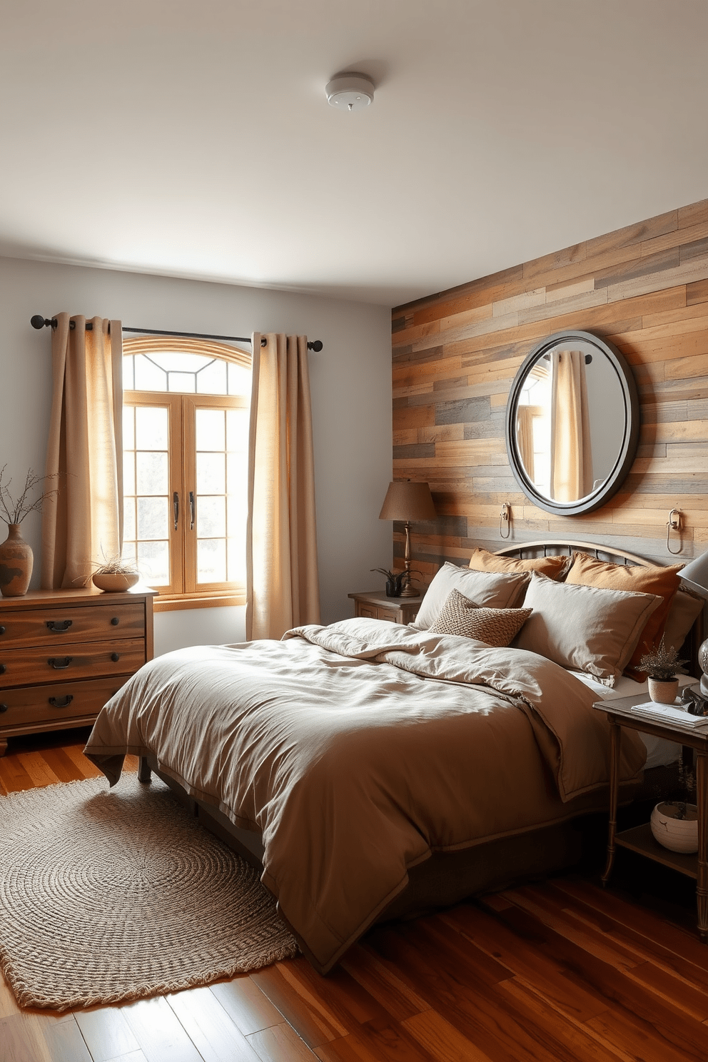 A cozy rustic bedroom featuring neutral curtains that gently frame a large window, allowing soft natural light to filter through. The walls are adorned with reclaimed wood panels, and a plush, oversized bed is dressed in warm, earthy tones with layered bedding. A vintage wooden dresser sits against one wall, complemented by a large round mirror above it. A woven area rug adds texture to the hardwood floor, while decorative plants bring a touch of nature into the serene space.