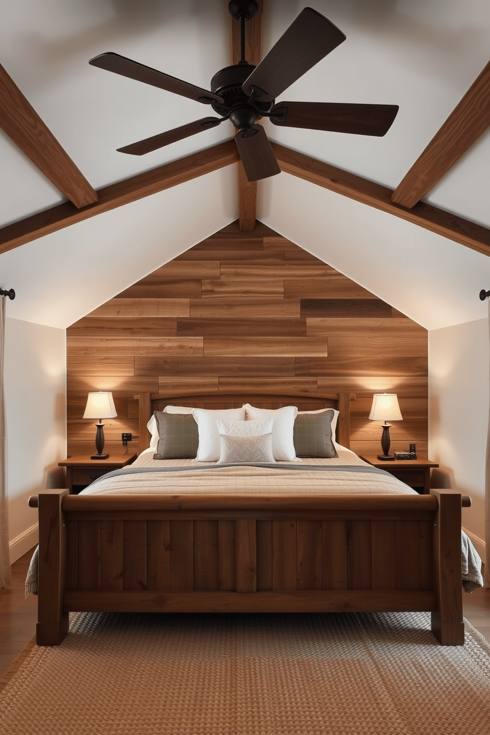 A cozy rustic bedroom featuring a wooden bed frame with a thick quilt and plush pillows. Exposed wooden beams stretch across the ceiling, complemented by a rustic ceiling fan that adds comfort and charm. The walls are adorned with reclaimed wood panels, creating a warm and inviting atmosphere. Soft, ambient lighting from bedside lamps enhances the rustic feel, while a woven area rug anchors the space.