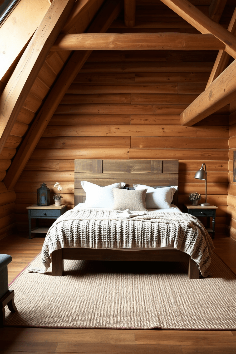 A cozy rustic bedroom featuring exposed cedar wood beams and walls adorned with natural wood paneling. The bed is dressed in soft, earthy tones with a chunky knitted blanket and layered pillows for added comfort. A reclaimed wood headboard serves as a focal point, complemented by vintage bedside tables with lantern-style lamps. The floor is covered in a warm, woven rug, enhancing the inviting, organic atmosphere of the space.