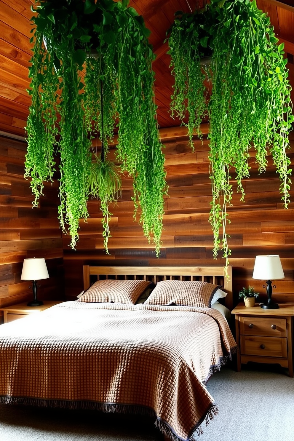 Hanging plants drape elegantly from the ceiling, adding a vibrant touch of greenery to the rustic bedroom. The walls are adorned with reclaimed wood, creating a warm and inviting atmosphere that complements the earthy tones of the decor. A cozy bed with a textured quilt sits against the wall, flanked by vintage nightstands made from distressed wood. Soft lighting from bedside lamps casts a gentle glow, enhancing the serene ambiance of the space.