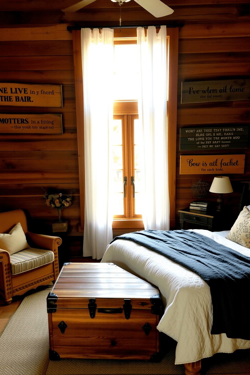 A cozy rustic bedroom featuring wooden signs adorned with inspirational quotes. The walls are clad in reclaimed wood, and a large, inviting bed with a plush quilt sits against the backdrop. Natural light filters through sheer curtains, illuminating the space and highlighting the handcrafted wooden furniture. A vintage trunk at the foot of the bed adds character, while a small reading nook with a comfy chair invites relaxation.