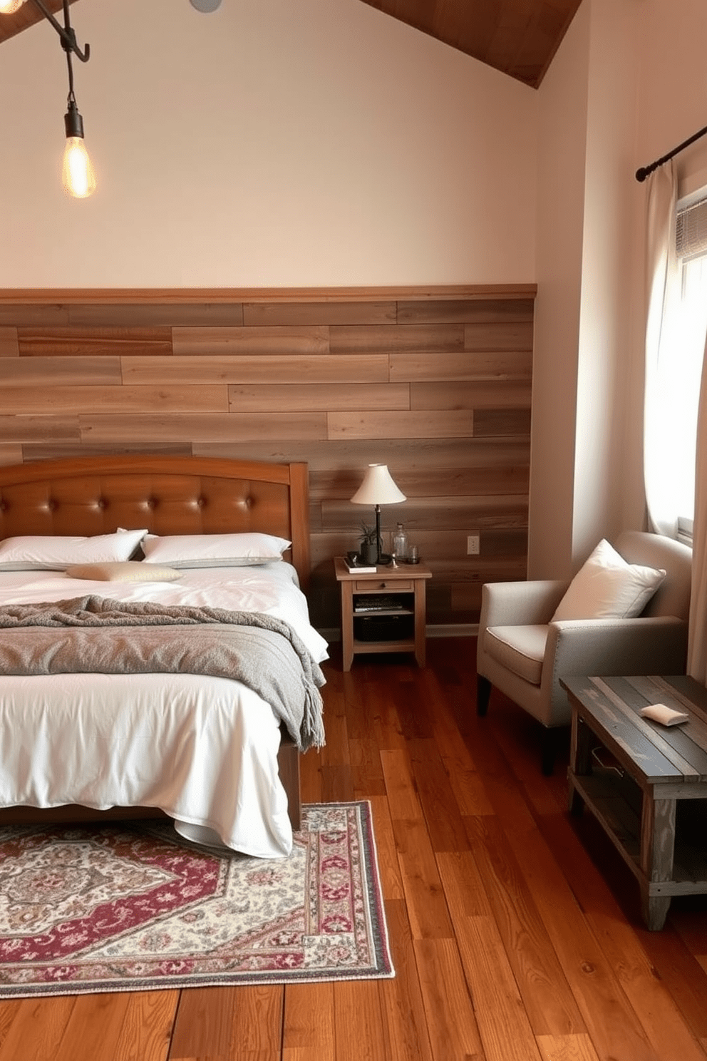 A cozy rustic bedroom setting featuring a large wooden bed with a tufted headboard and soft, layered bedding in neutral tones. The walls are adorned with reclaimed wood panels, and a vintage area rug adds texture to the hardwood floor. In one corner, a small reading nook includes a plush armchair and a side table made of distressed wood. Soft lighting from Edison bulbs creates a warm and inviting atmosphere, enhancing the rustic charm of the space.