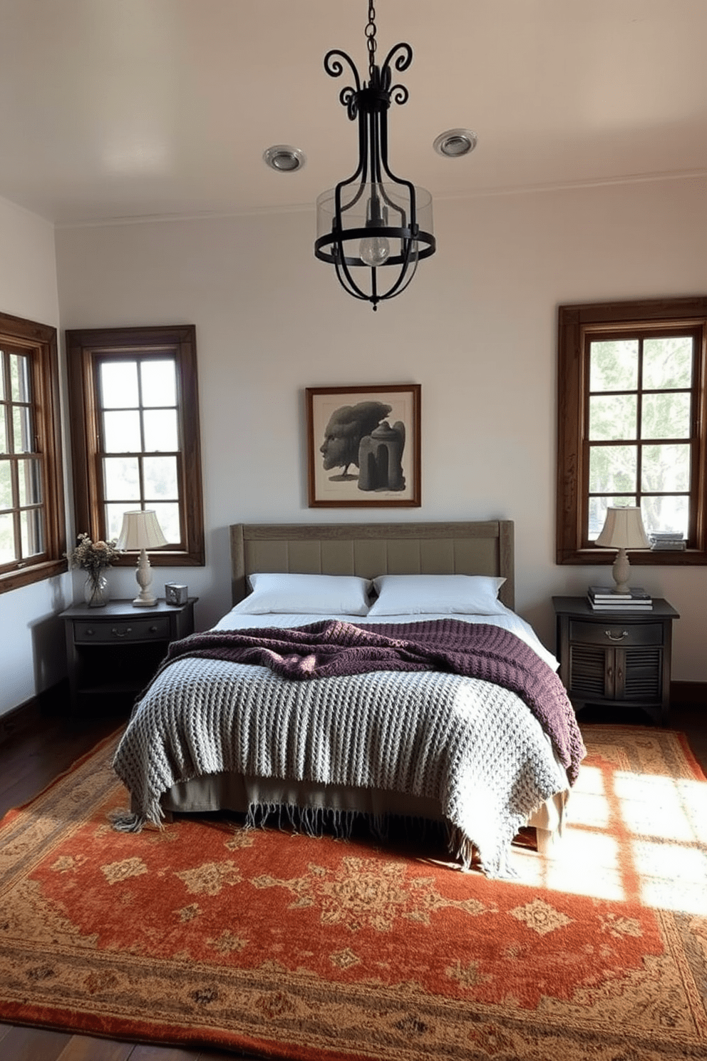 Rustic window frames made of reclaimed wood add warmth and charm to the space. The bedroom features a cozy bed with a chunky knit blanket and vintage nightstands. A large area rug with earthy tones anchors the room, enhancing the rustic feel. Soft, ambient lighting from wrought iron fixtures creates a welcoming atmosphere.