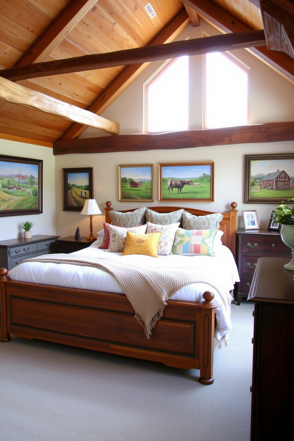 A cozy rustic bedroom featuring a large wooden bed with a plush white comforter and an assortment of colorful throw pillows. The walls are adorned with country style artwork depicting serene landscapes and farm life, adding visual interest to the space. Natural wood beams stretch across the ceiling, enhancing the rustic charm of the room. A vintage dresser sits against one wall, topped with a small potted plant and a few framed photographs for a personal touch.