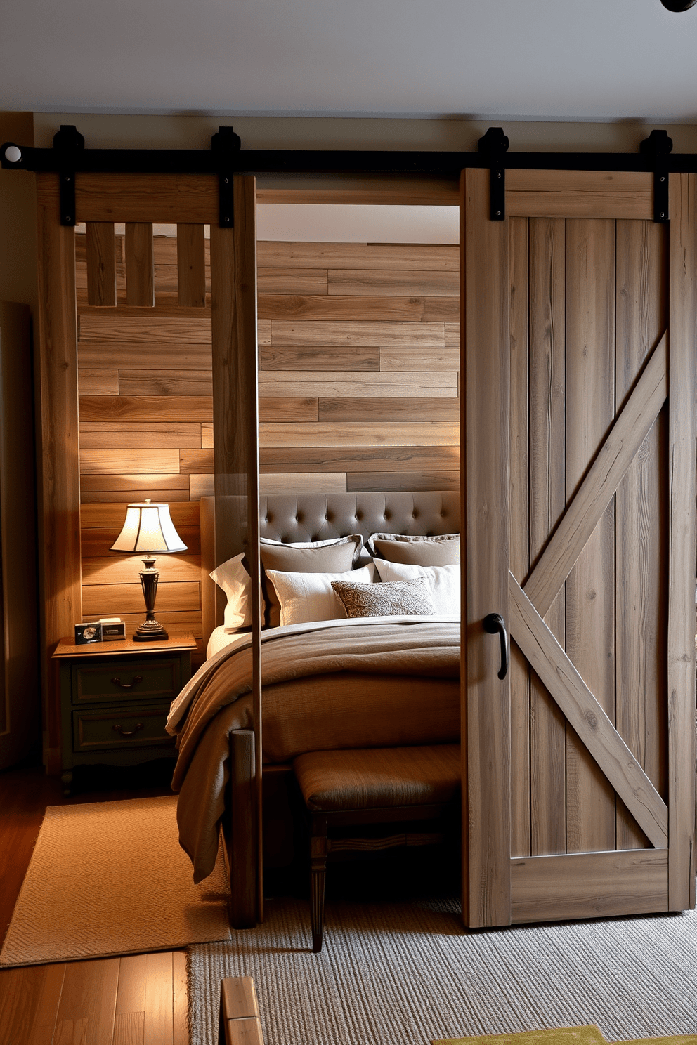 A rustic bedroom featuring stylish barn doors as room dividers creates a warm and inviting atmosphere. The barn doors are made of reclaimed wood, showcasing natural textures and a weathered finish that complements the overall design. Inside the bedroom, a cozy king-sized bed is adorned with layered bedding in earthy tones. Vintage nightstands flank the bed, each topped with a charming lamp that casts a soft glow in the evening light.