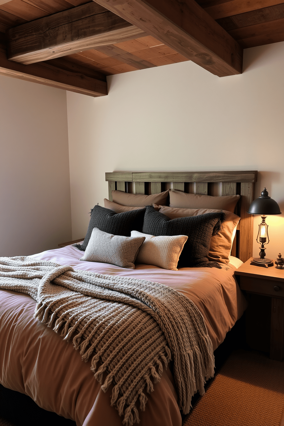 Layered bedding creates a warm and inviting atmosphere in a rustic bedroom. The bed features a plush duvet in earthy tones, surrounded by an assortment of textured throw pillows and a knitted blanket draped across the foot. Wooden beams adorn the ceiling, enhancing the rustic charm of the space. A reclaimed wood bedside table holds a vintage lamp, casting a soft glow over the room, while a woven rug adds comfort underfoot.