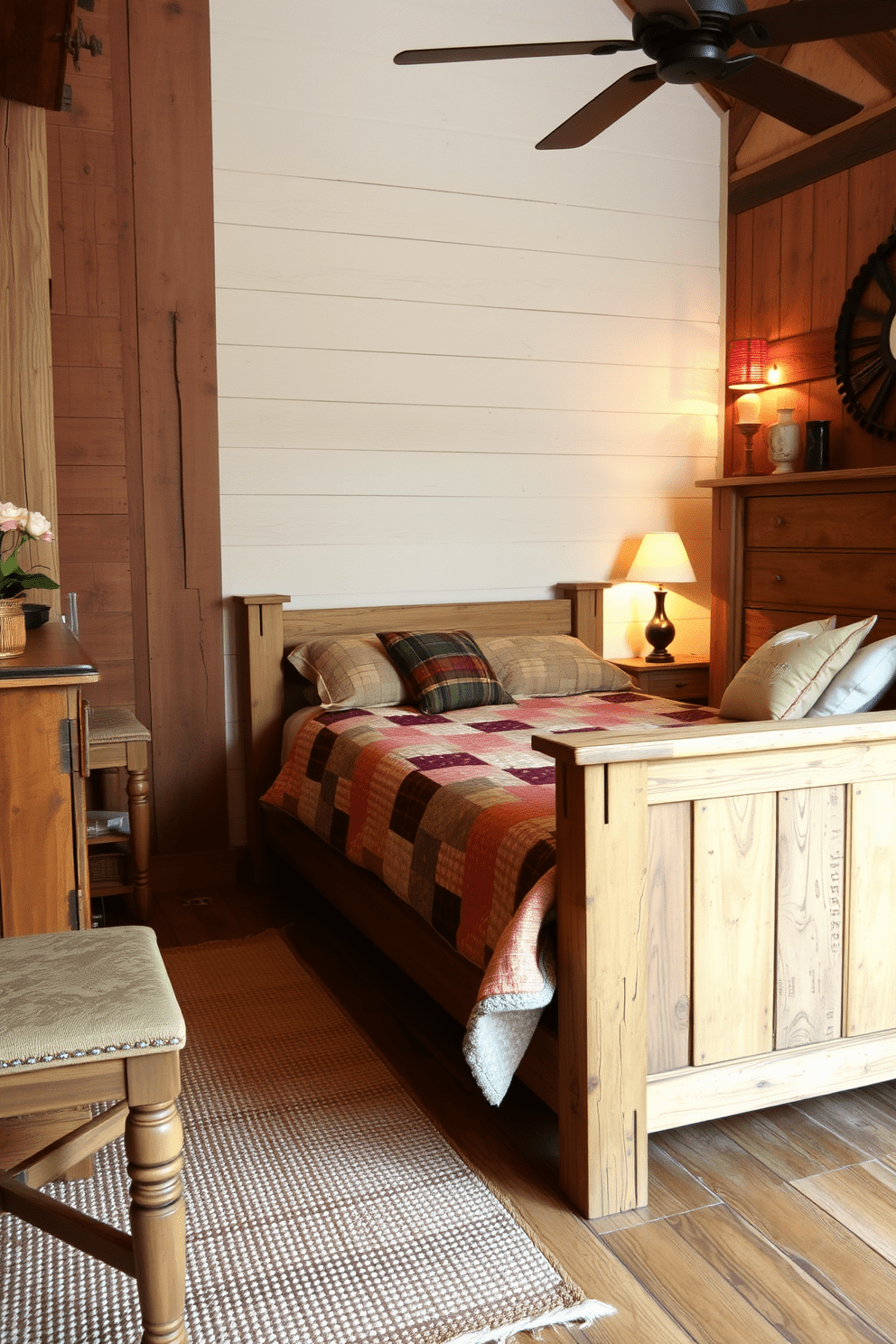 A rustic bedroom features distressed wooden furniture that exudes vintage charm. The bed is adorned with a patchwork quilt, and an antique dresser complements the room's cozy atmosphere. Soft, warm lighting creates an inviting ambiance, highlighting the natural textures of the reclaimed wood. A woven rug adds comfort underfoot, while vintage decor pieces enhance the nostalgic feel of the space.