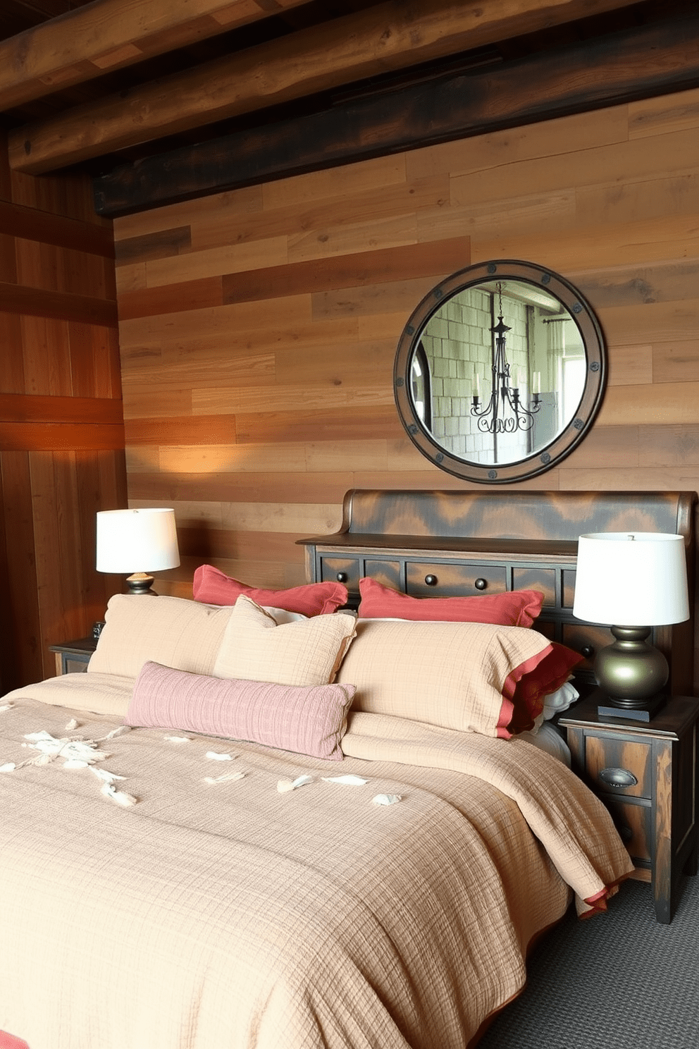 A rustic bedroom setting featuring an earthy color palette with warm tones. The walls are adorned with reclaimed wood panels, and a plush king-sized bed is dressed in cozy, textured linens in shades of beige and terracotta. A vintage wooden dresser sits across from the bed, complemented by a large round mirror with a distressed finish. Soft lighting from bedside lamps casts a warm glow, creating an inviting atmosphere perfect for relaxation.