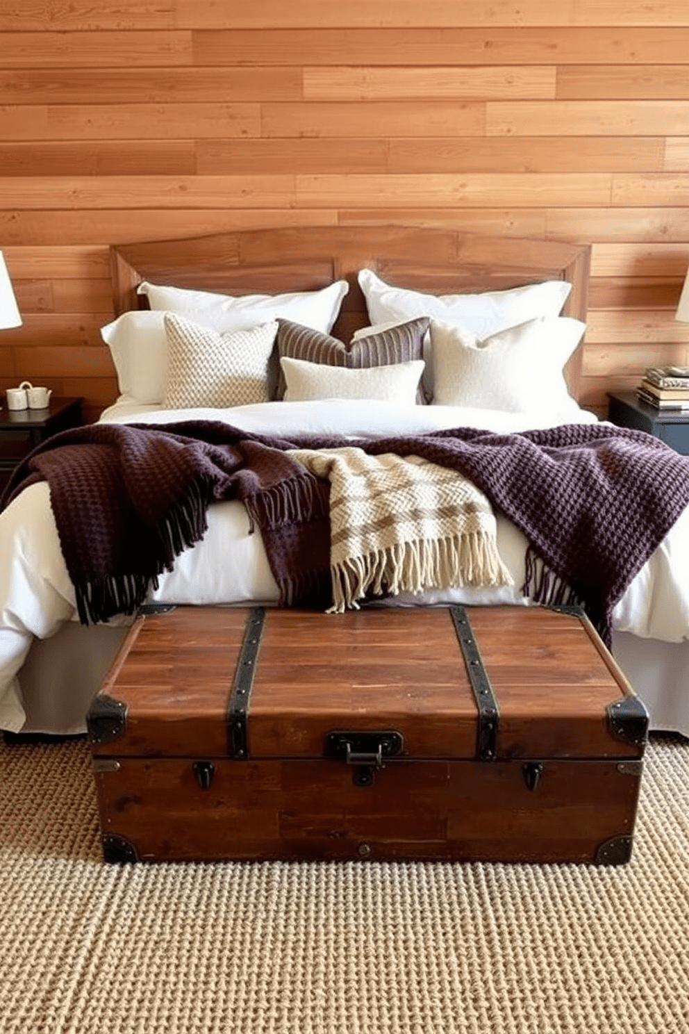 Cozy blankets are draped over a plush king-sized bed with a wooden headboard. The walls are adorned with warm-toned wood paneling, and a woven area rug adds texture to the floor. Layered textures create a welcoming atmosphere with a mix of knit throws and soft pillows in earthy colors. A vintage trunk at the foot of the bed provides additional storage and a charming focal point.