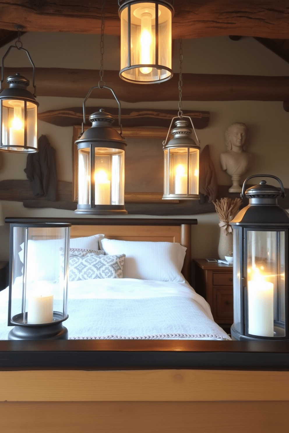 A rustic bedroom featuring vintage lanterns that cast a warm and inviting glow. The room is adorned with a wooden bed frame, cozy textiles, and natural elements that enhance the rustic charm.